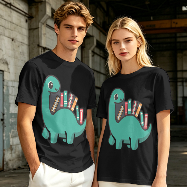 Olive T-shirt with cute dinosaur carrying books graphic