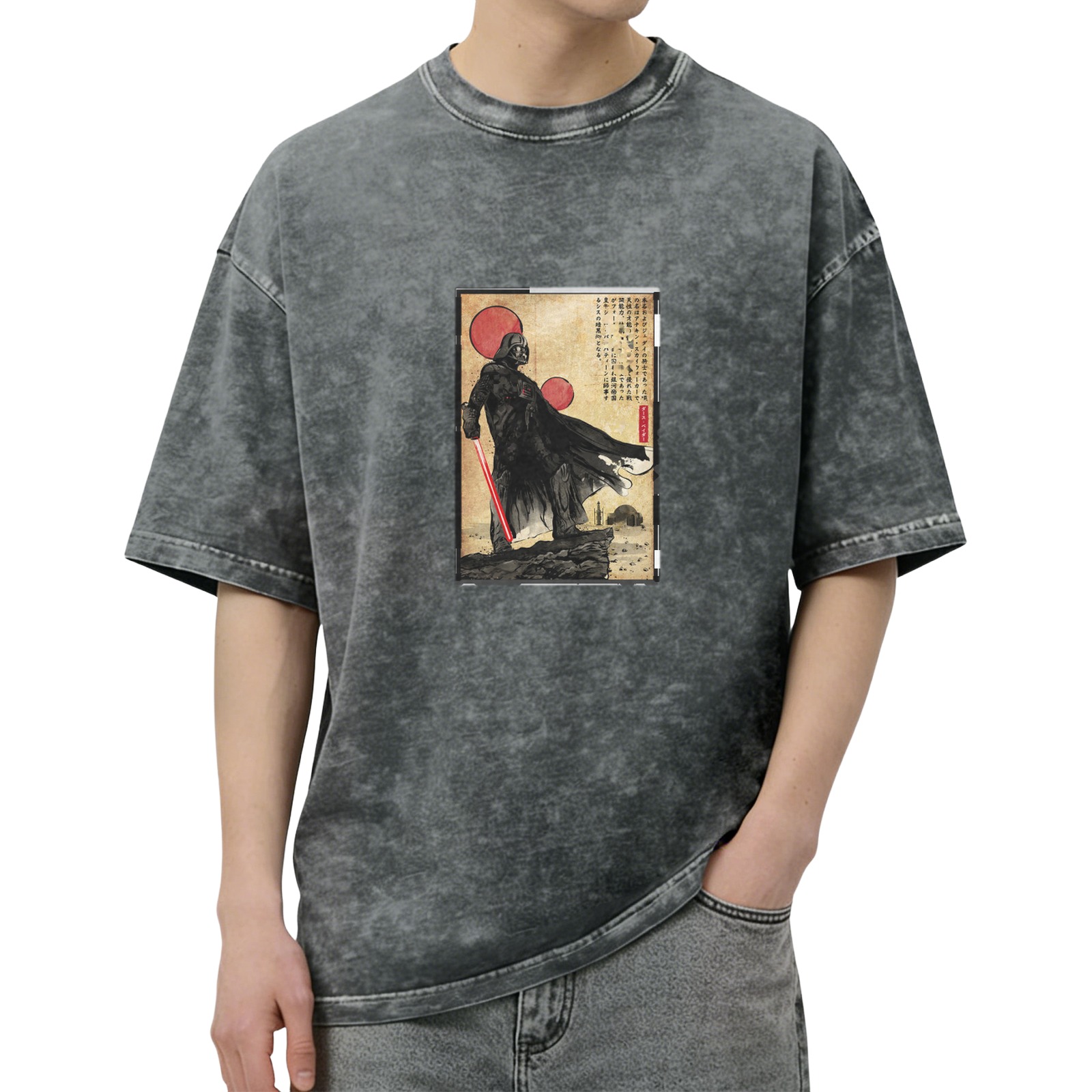 Distressed washed black loose short-sleeved T-shirt Japanese Ukiyo-e style Darth Vader pattern printed top