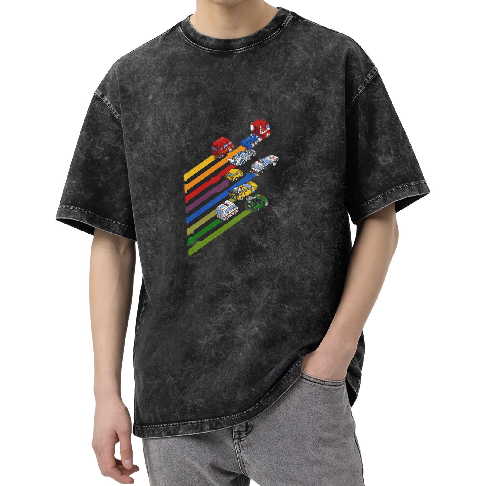 Washed black graphic t-shirt with retro vehicle rainbow stripes design
