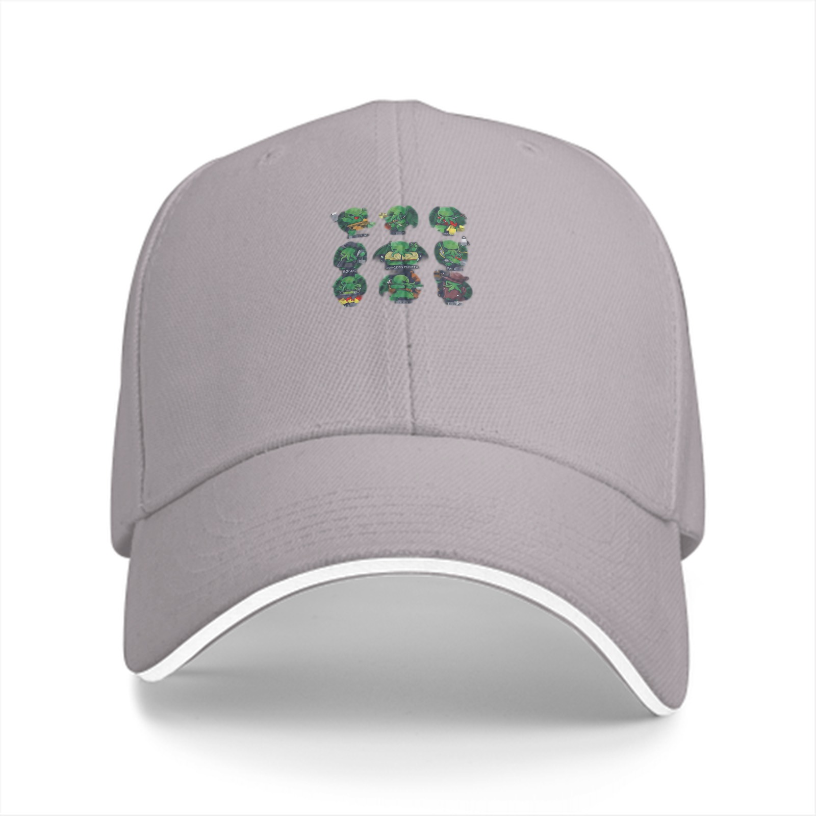 Black baseball cap with small green character grid print