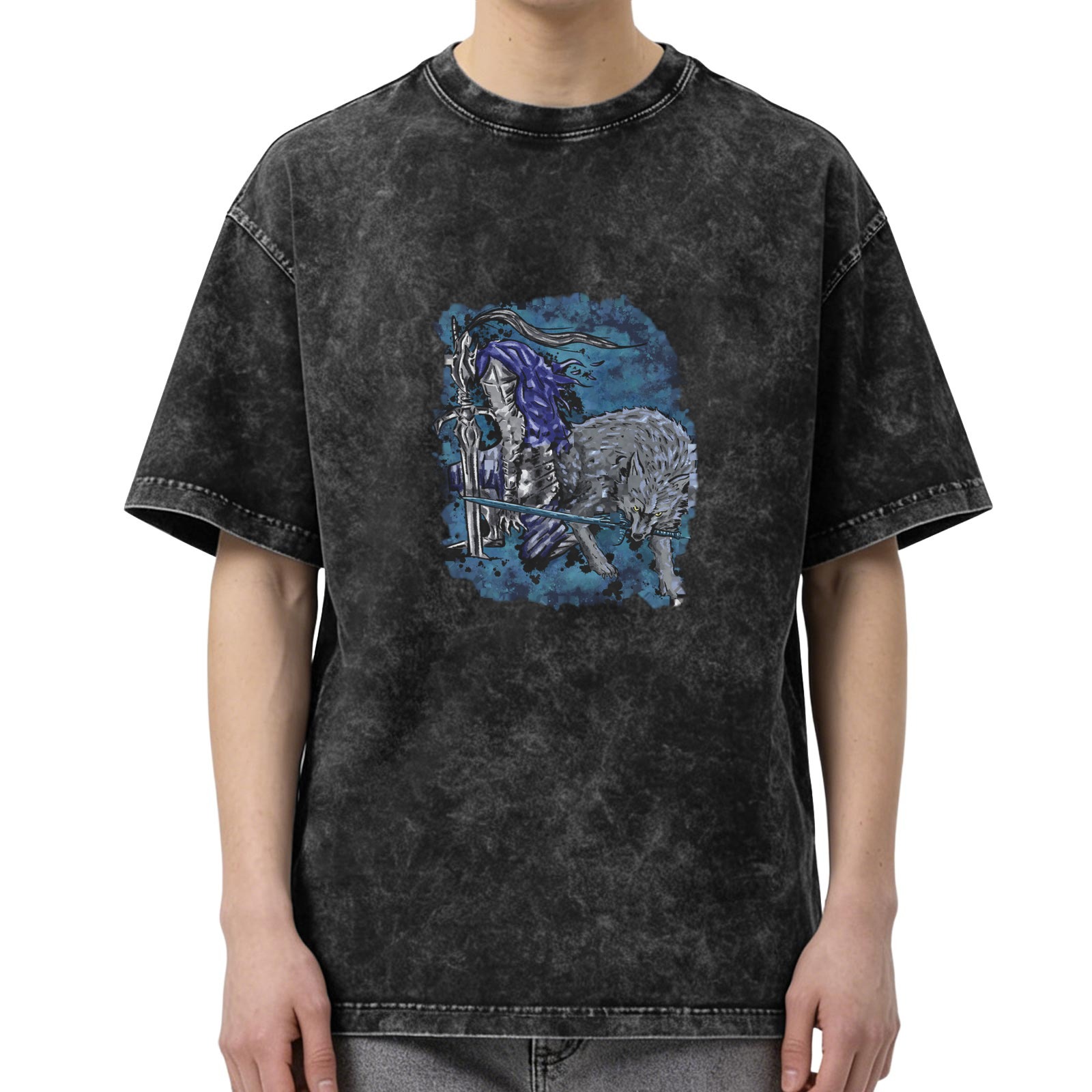 Washed Black T-Shirt With Knight And Wolf Fantasy Art Print