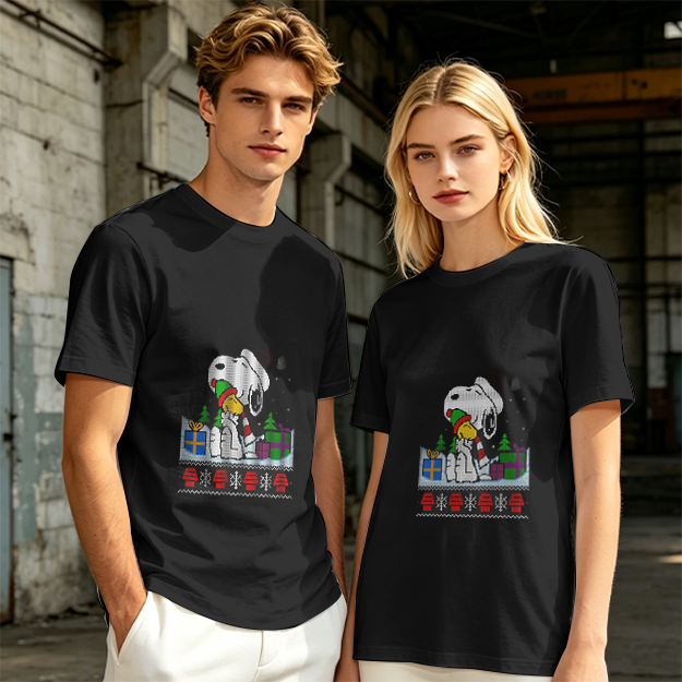 Olive Christmas Snoopy and Woodstock Graphic T-Shirt