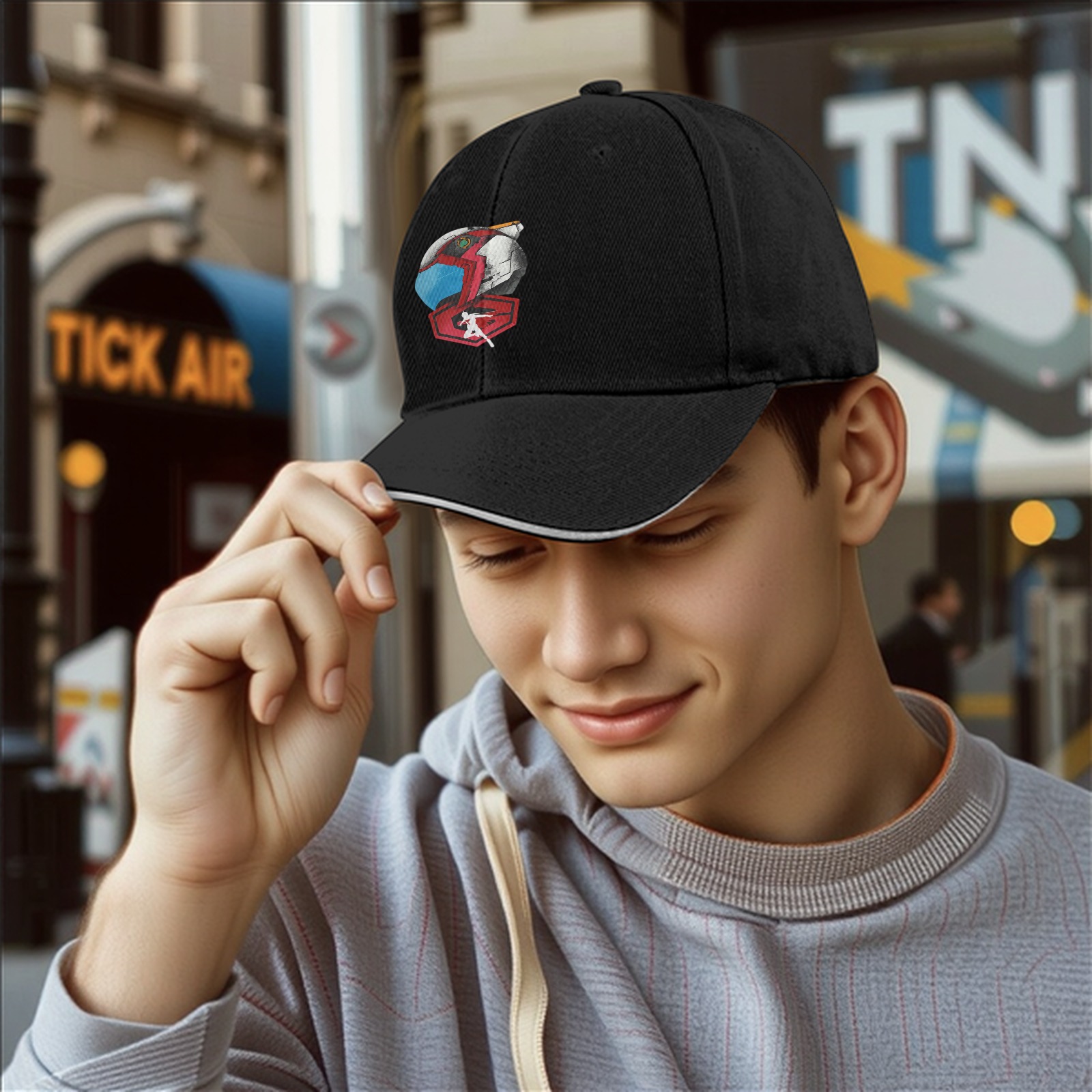Black baseball cap with anime mech helmet graphic