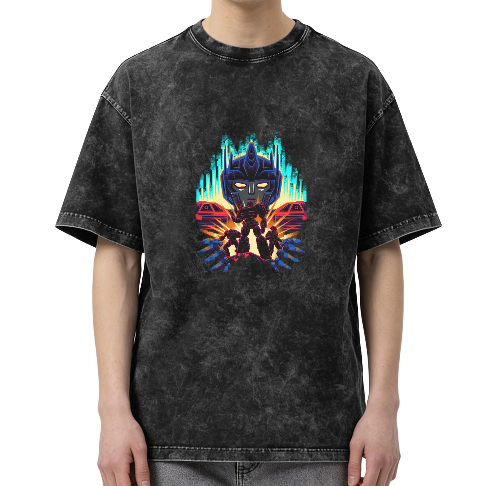 Distressed washed black Optimus Prime robot graphic short-sleeved T-shirt