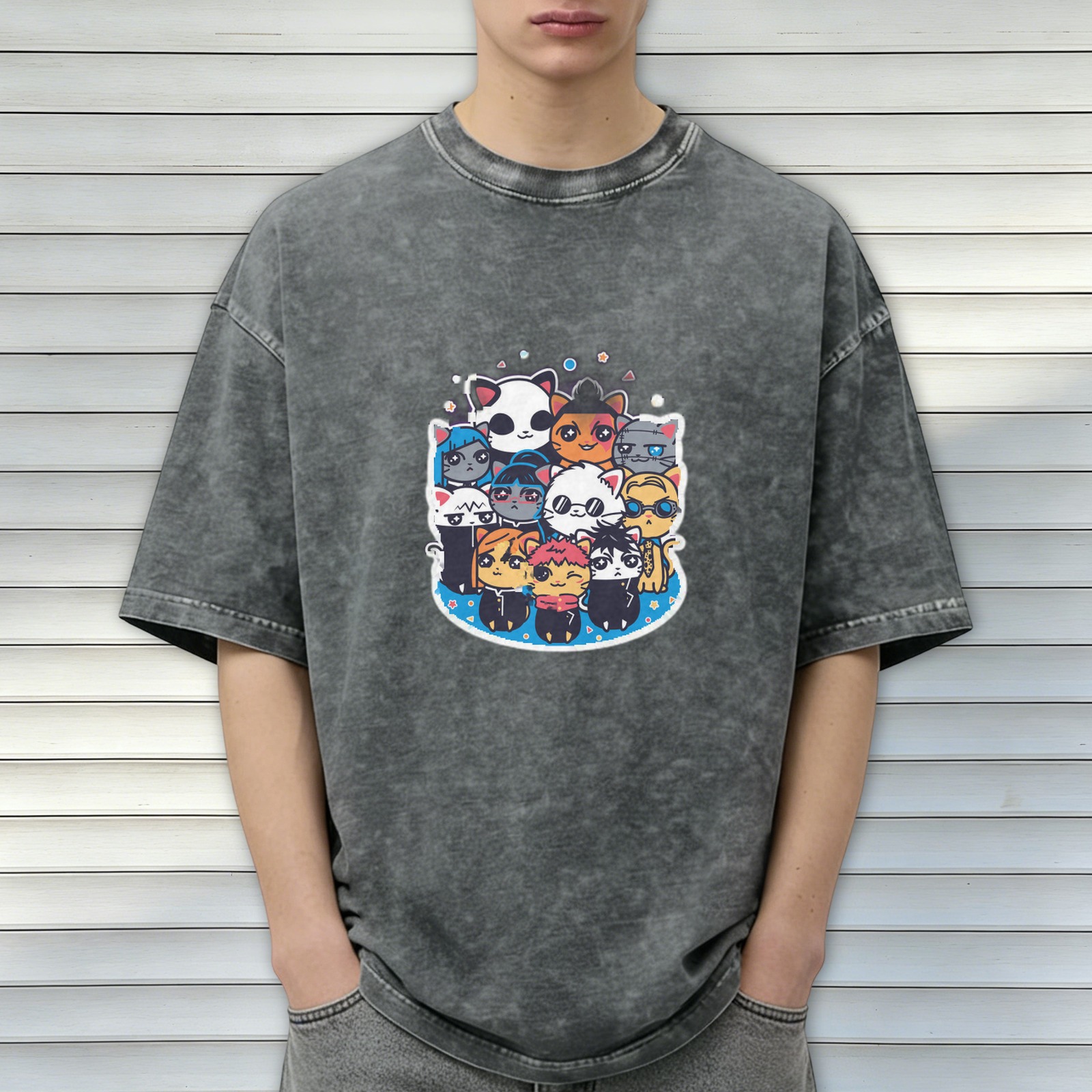 Washed black oversized t-shirt with cute anime cat character group print