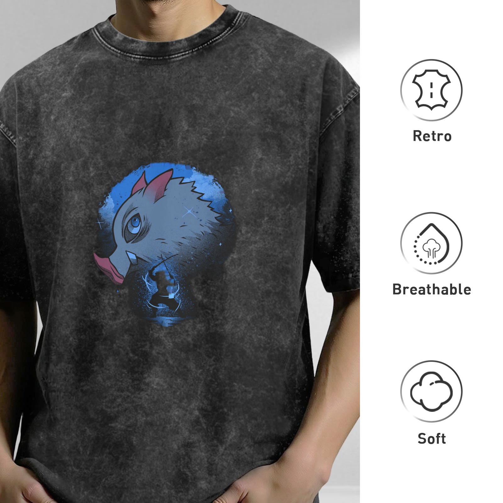 oversized dark washed t-shirt with anime boar head graphic