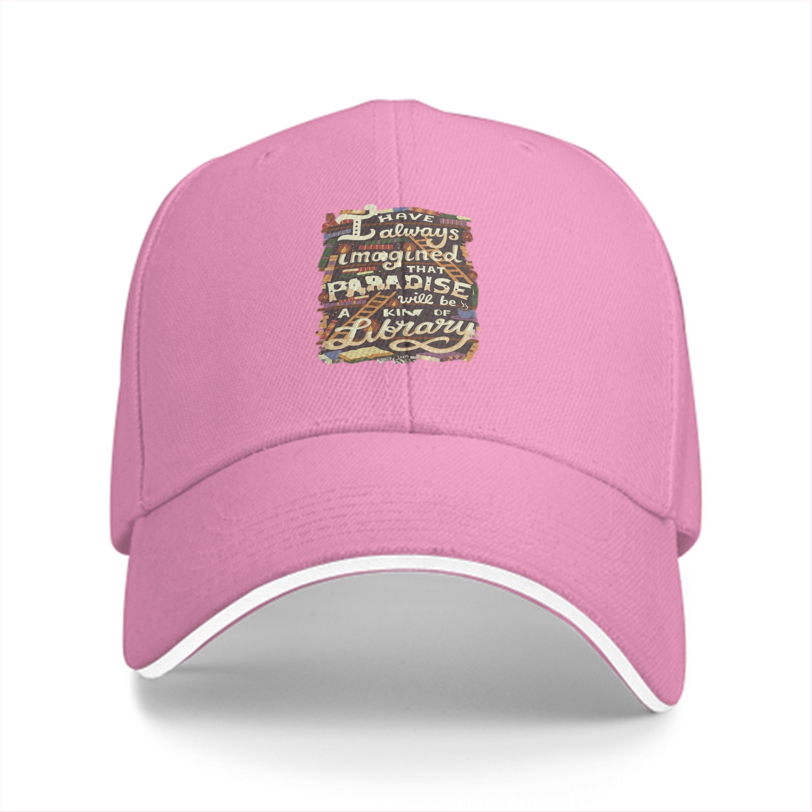 Black baseball cap with library paradise quote print