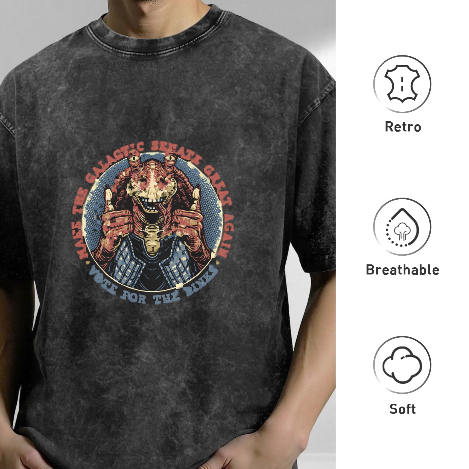 Washed Black T-Shirt With Jar Jar Binks Galactic Senate Political Print