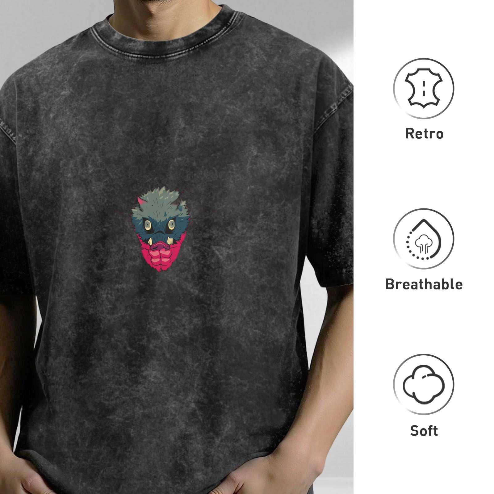 Oversized Acid Wash T-Shirt With Monster Face Graphic