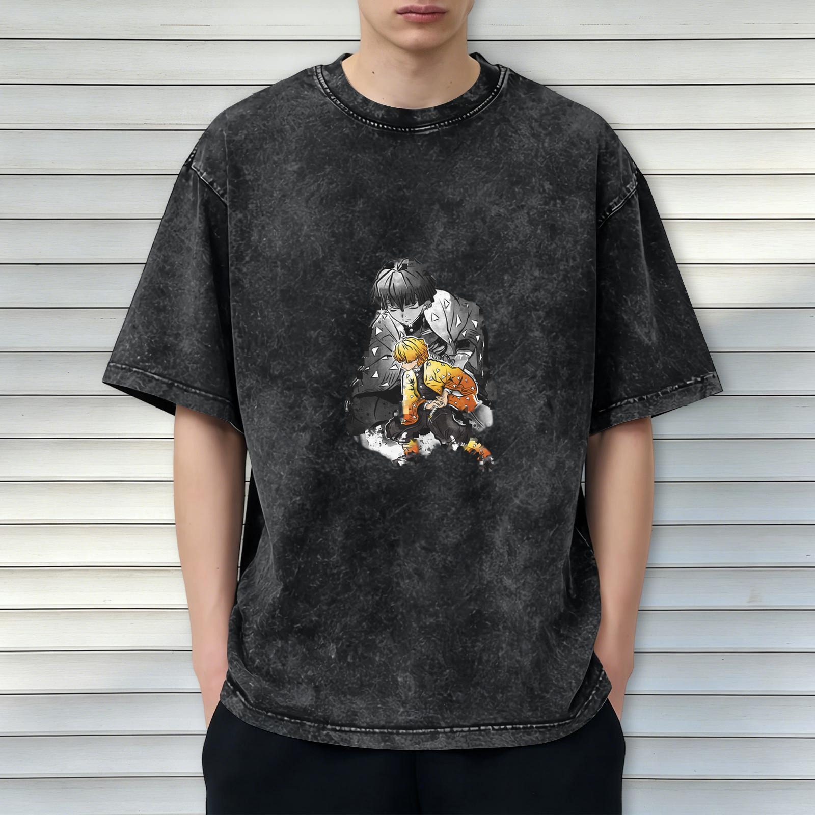 Oversized Acid Wash Anime Graphic T-Shirt with Demon Slayer Characters