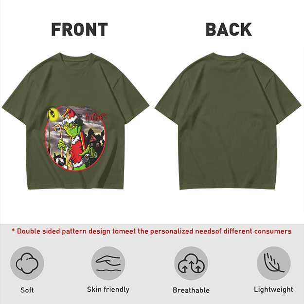 Olive T-shirt with Grinch 'No Cheers' Christmas Graphic Print