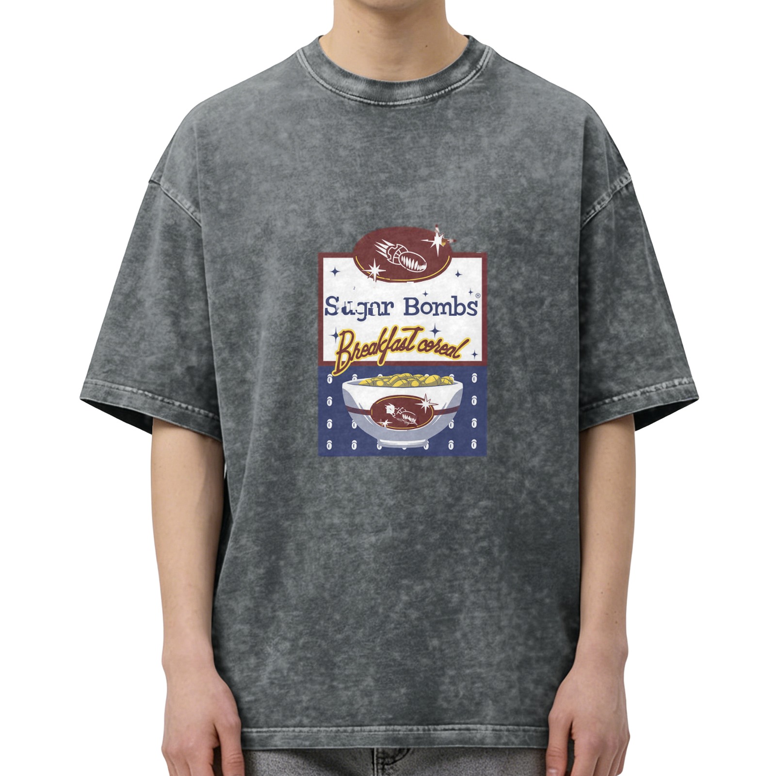 Sugar Bombs Breakfast Cereal Graphic Black Acid Wash T-Shirt