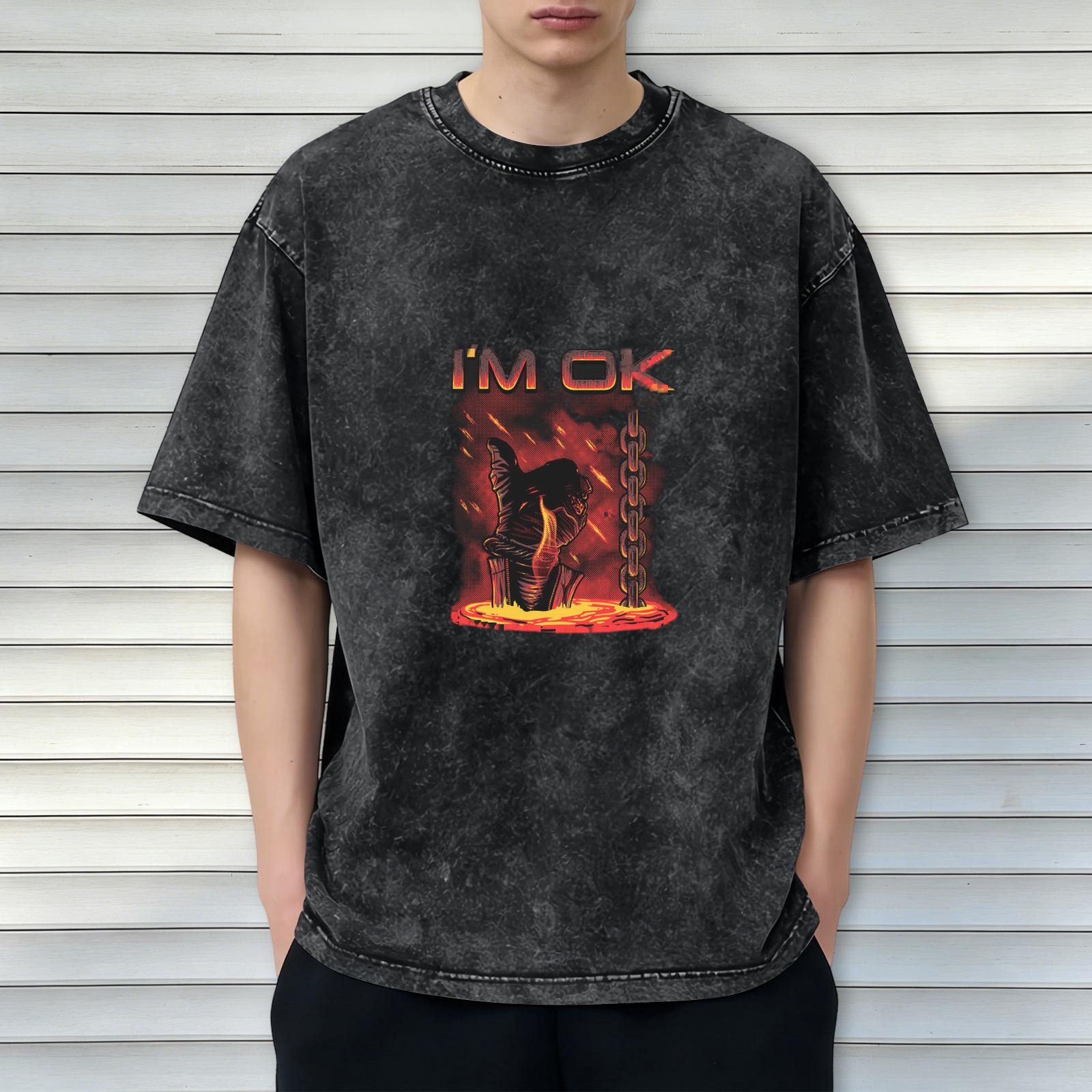 Washed Black Graphic T-Shirt with I'm OK Lava Hand Design