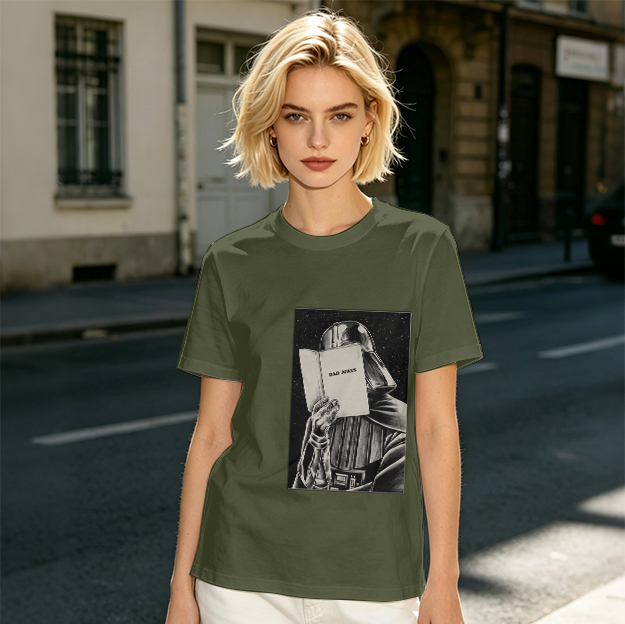 Olive T-shirt with Darth Vader reading a book graphic