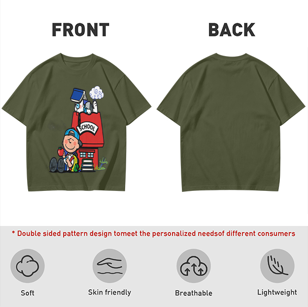 Olive T-shirt with Charlie Brown and Snoopy School Print