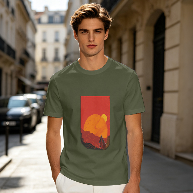 Olive T-Shirt with Desert Sunset Silhouette Graphic