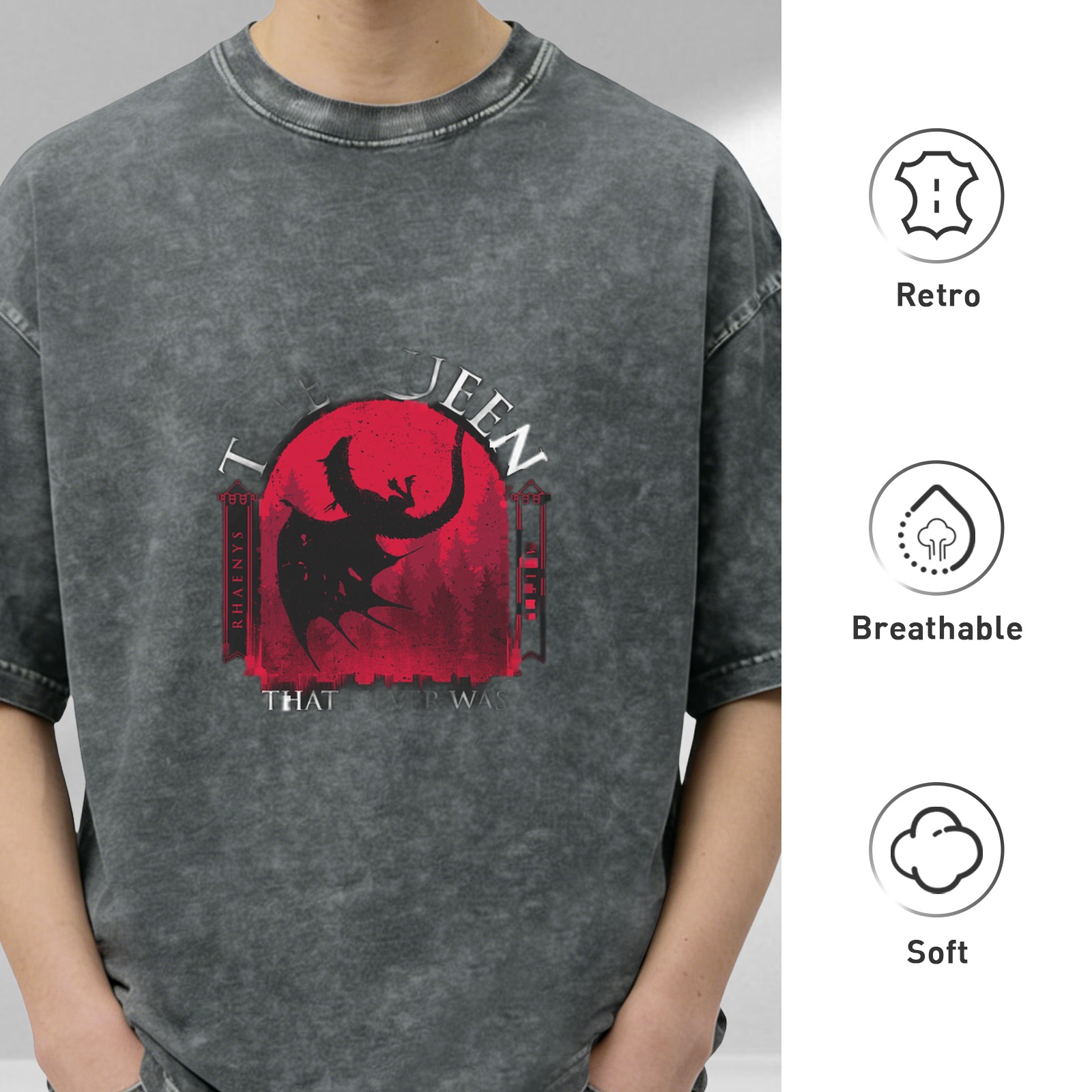 Washed Black Graphic T-Shirt With Dragon And Queen Text Print