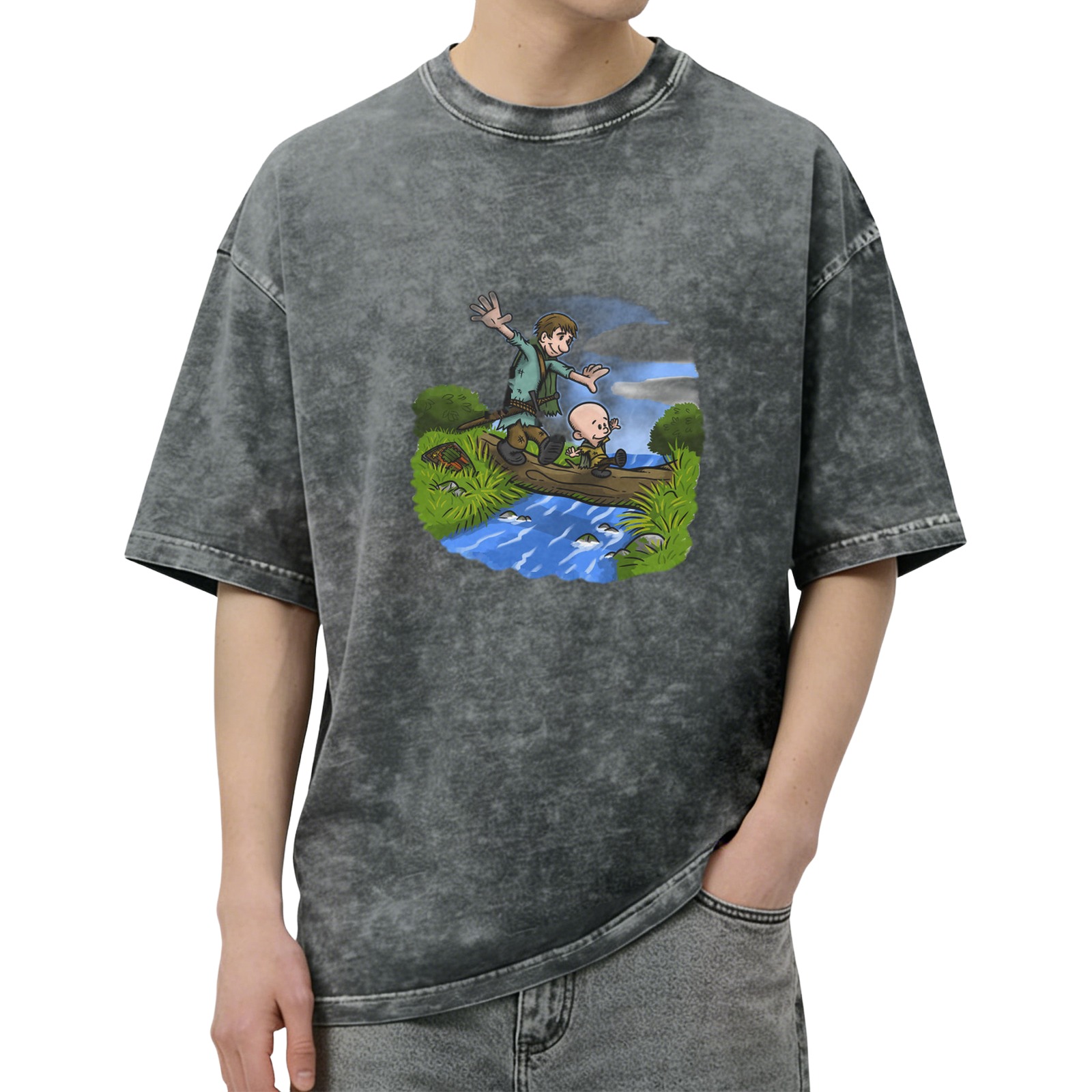Washed Black T-Shirt With Cartoon Boys Crossing Stream Art