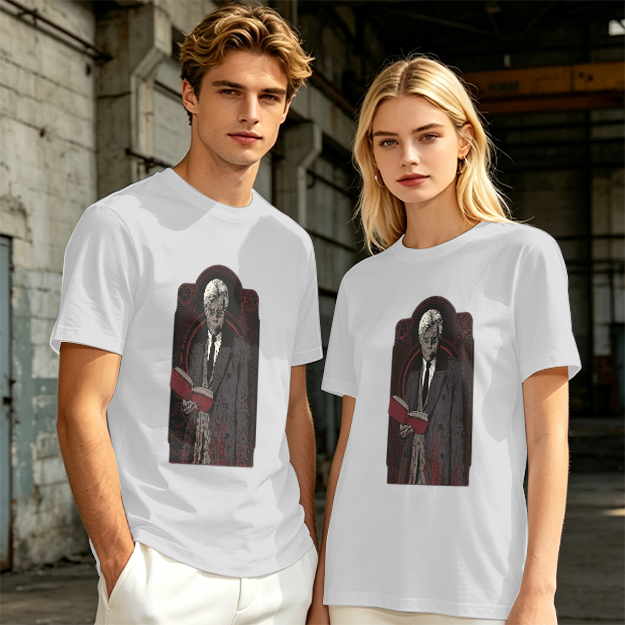 Olive T-shirt with Gothic Figure Holding Red Book Print