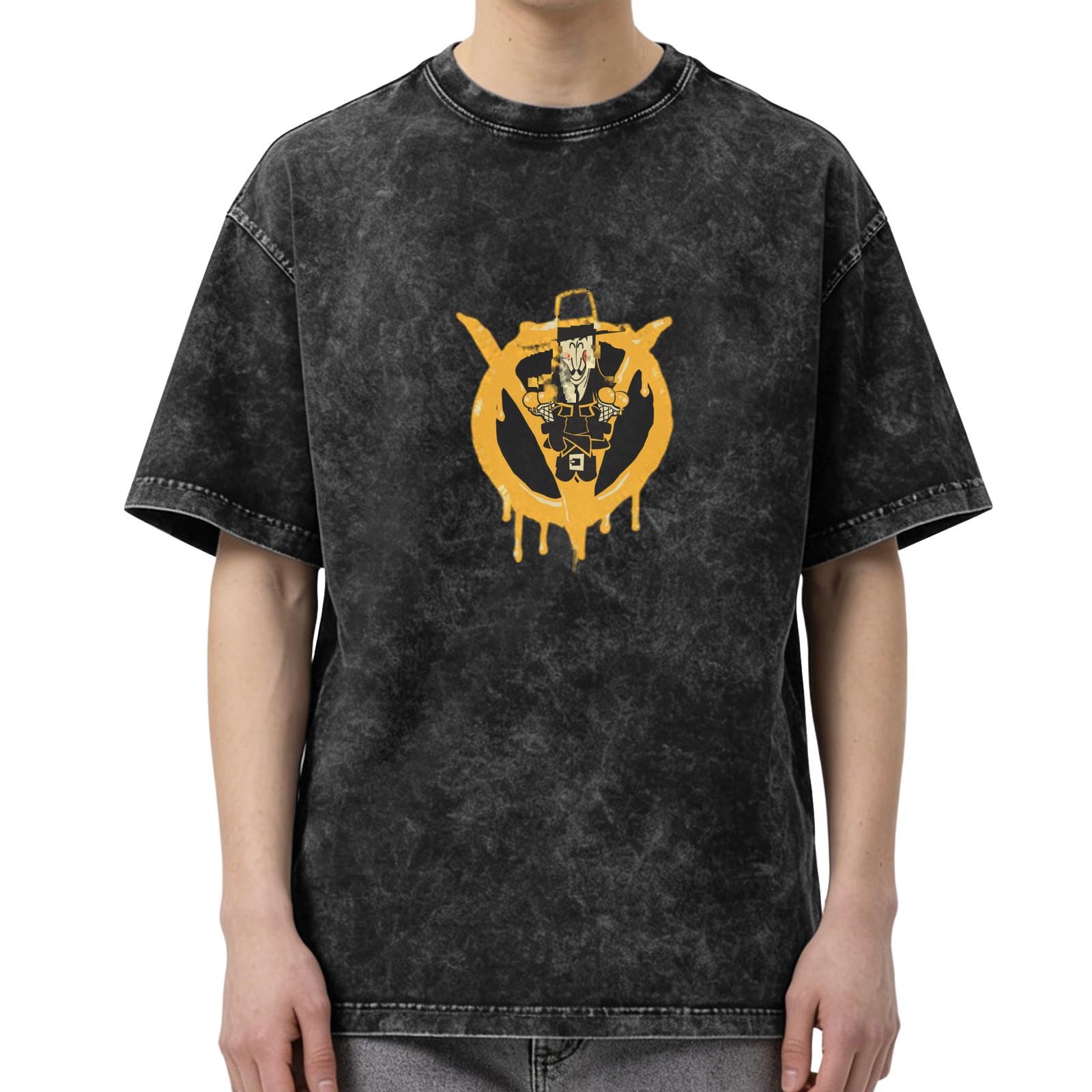 Washed Black T-Shirt With Graffiti Style Pilgrim Graphic