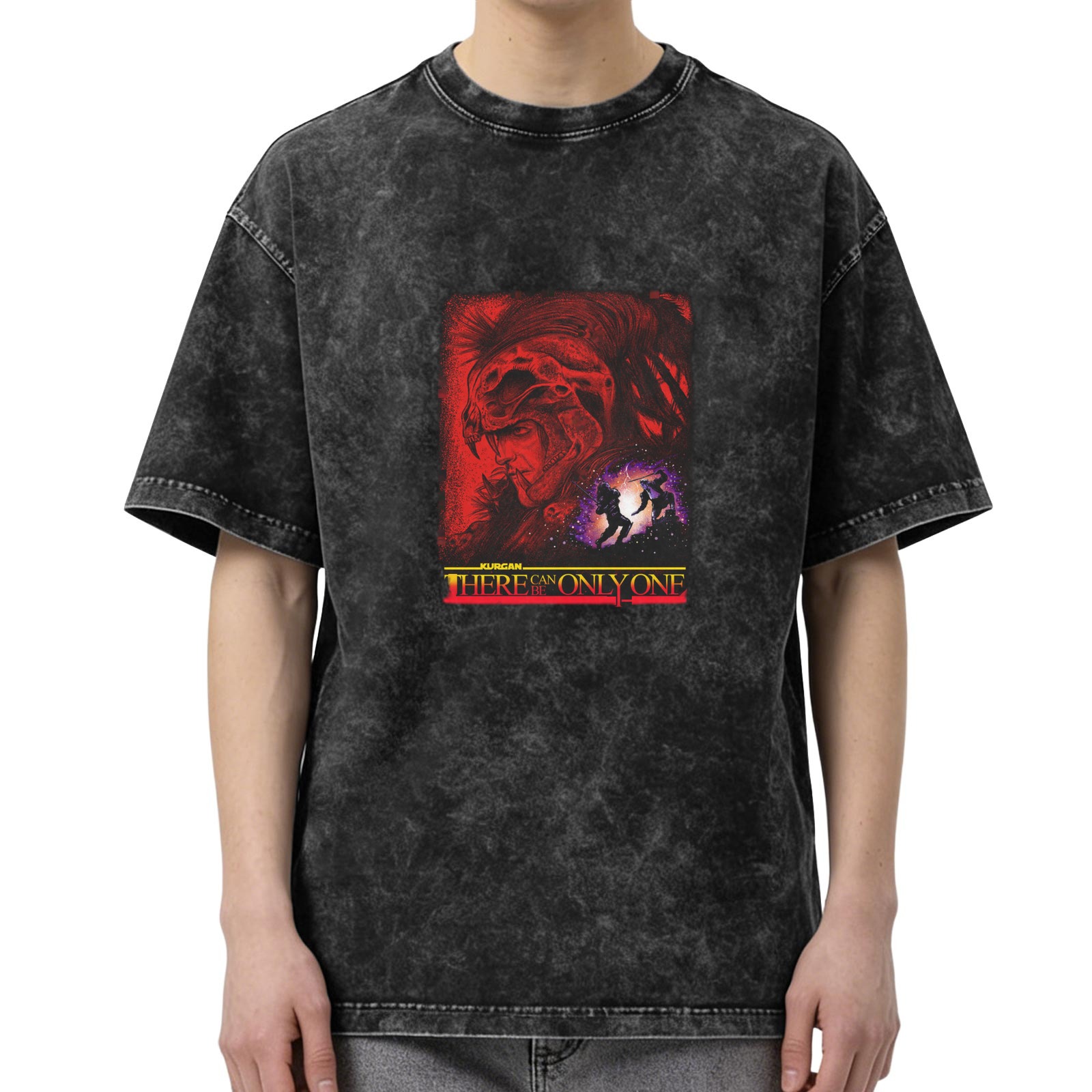 Washed black graphic t-shirt with There Can Be Only One warrior print