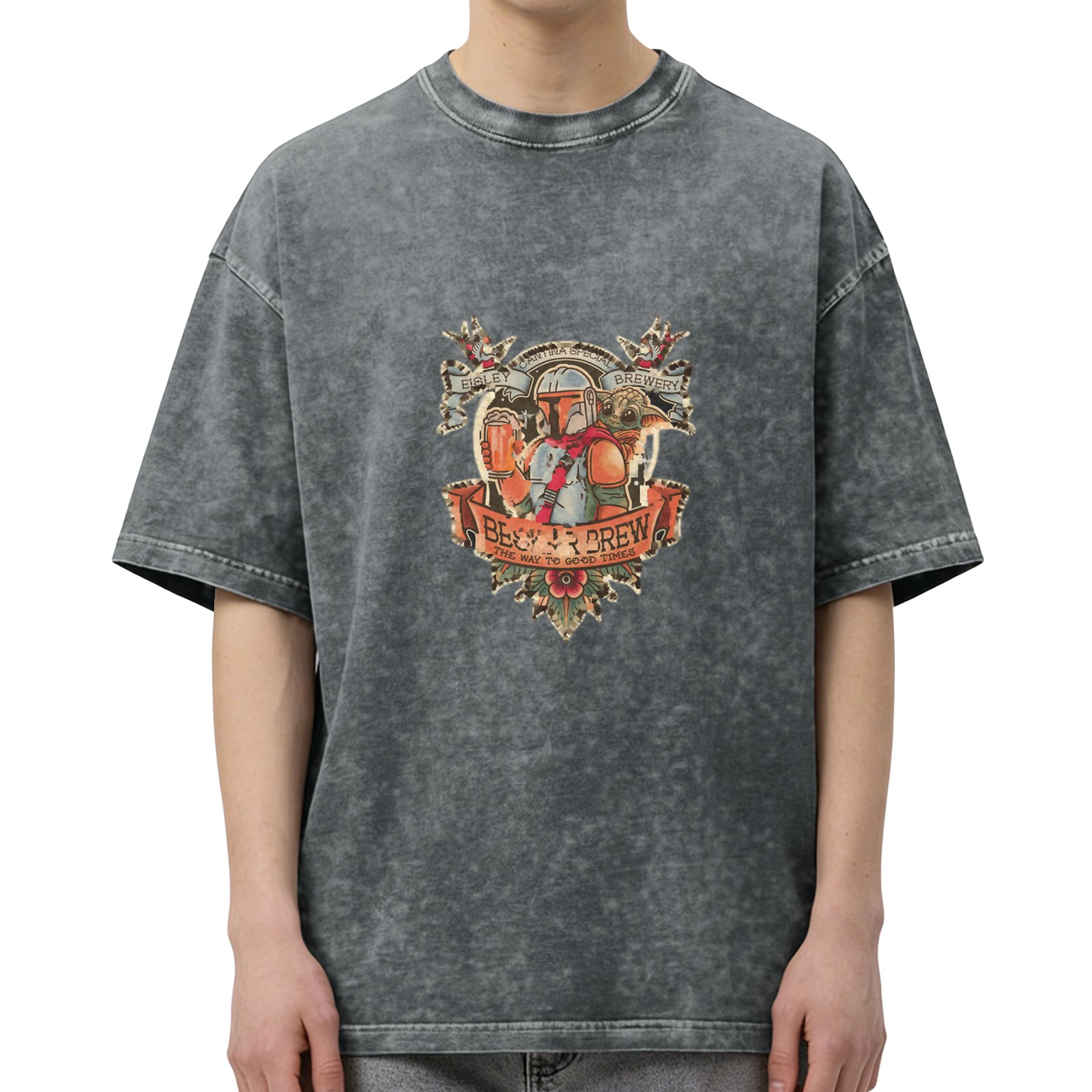 Washed Black Graphic T-Shirt with Mandalorian Beer Brew Design
