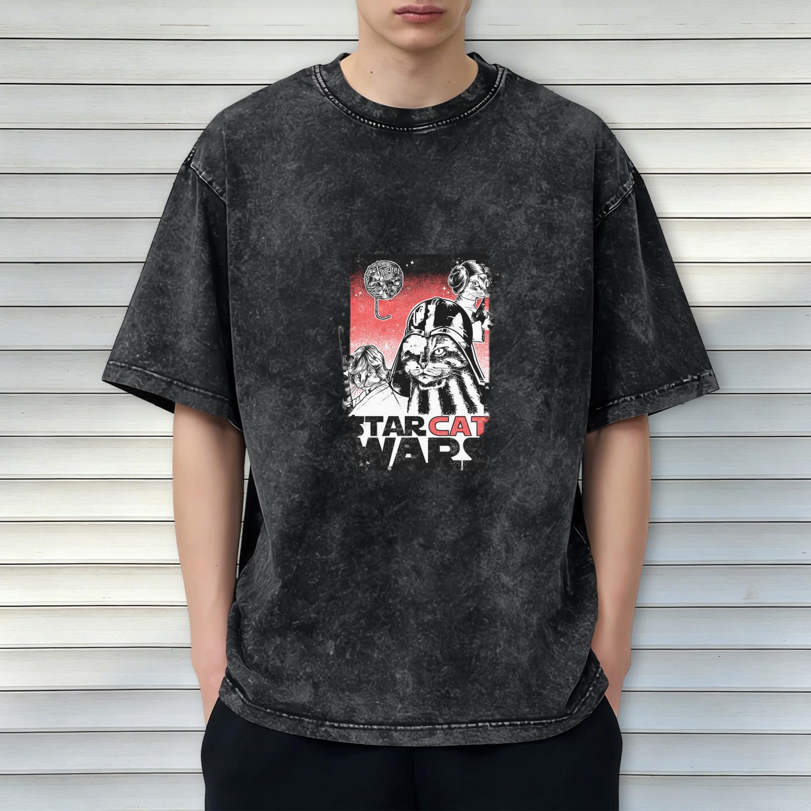 Star Cat Wars Graphic Acid Wash T-Shirt for Cat and Sci-Fi Fans