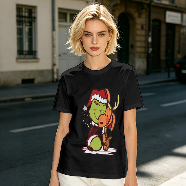 Olive Christmas T-Shirt Featuring Grinch Hugging Max The Reindeer