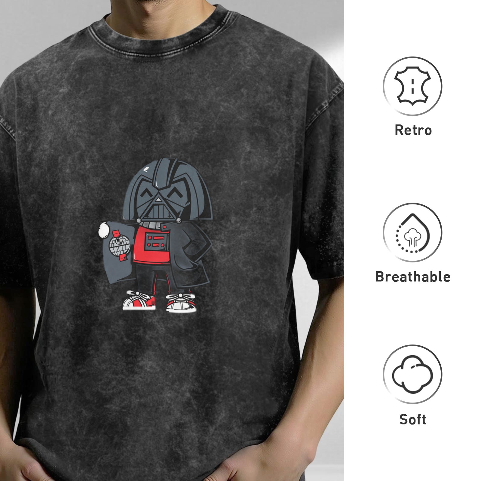 Oversized Dark Wash T-Shirt With Chibi Darth Vader Graphic