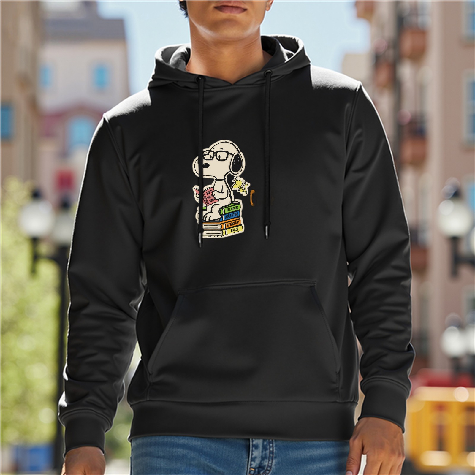 Black hoodie with Snoopy reading on stacked books