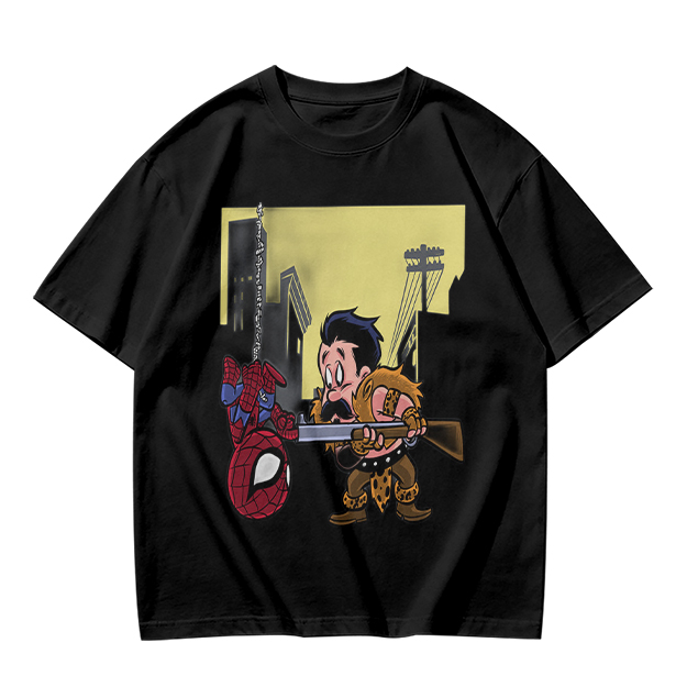 Olive T-shirt with Spider-Man and Hunter Cartoon Print