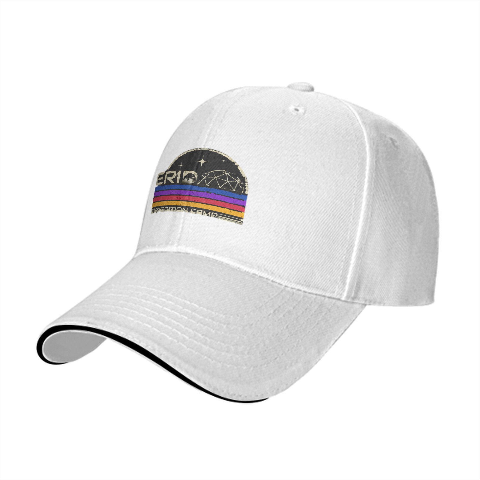 Black baseball cap with retro Erid Expedition Camp graphic
