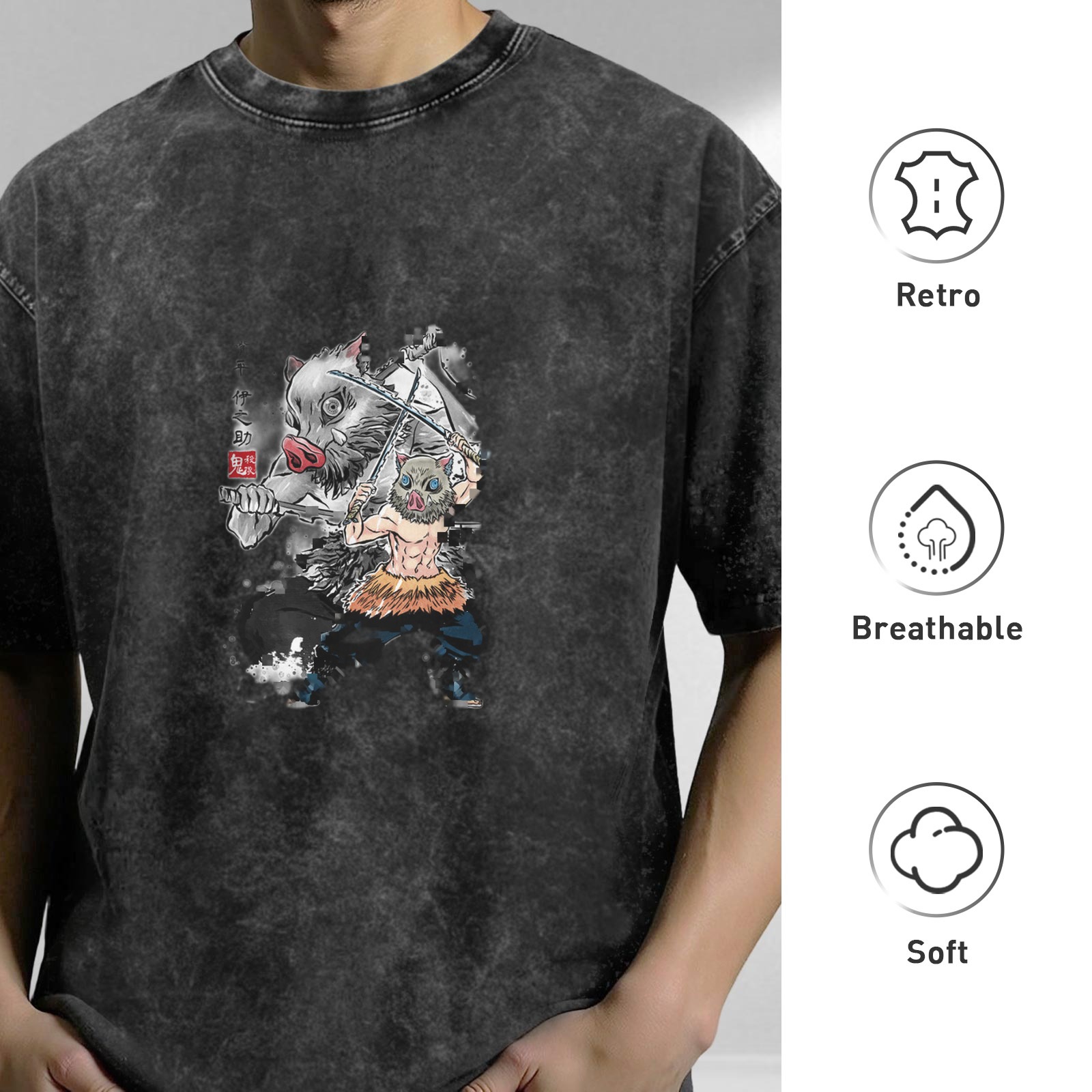 oversized washed anime graphic t-shirt with boar mask character design