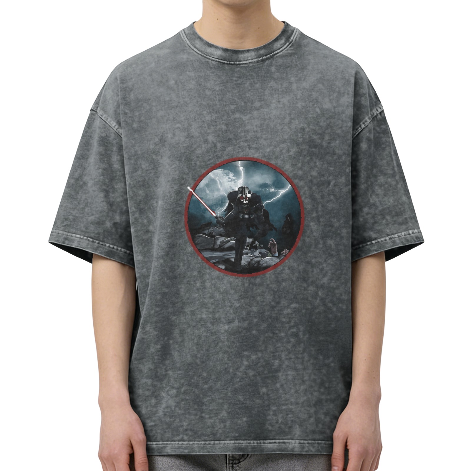 Star Wars Darth Vader Graphic Acid Wash T-Shirt - Dark Gray Oversized Short Sleeve Tee