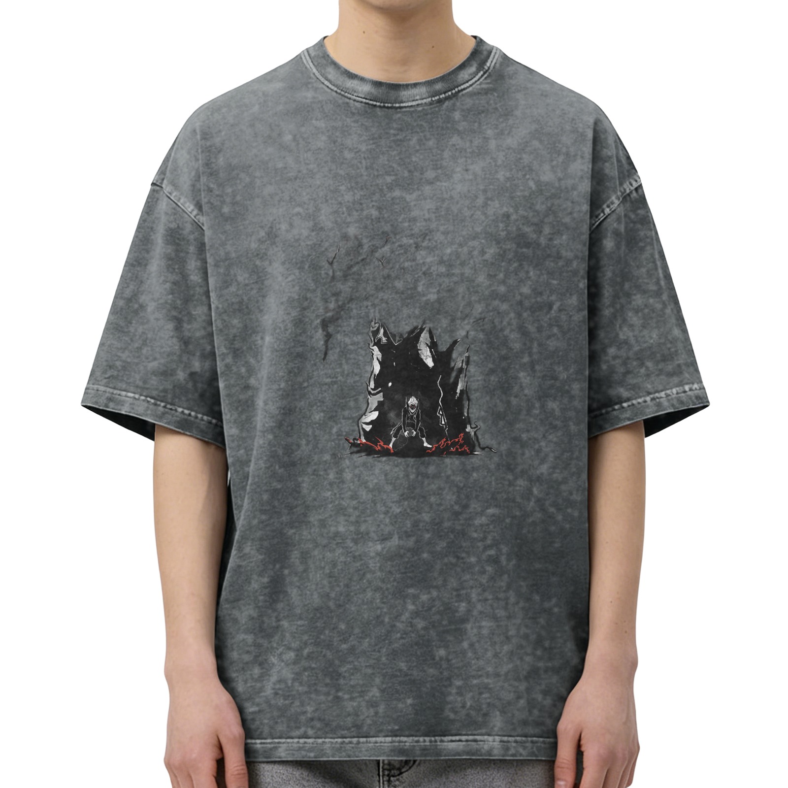 Oversized Acid Wash Graphic T-Shirt with Dark Anime Art Print