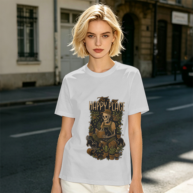 Happy Place Skeleton Gardener Cat Plant Lover T-Shirt