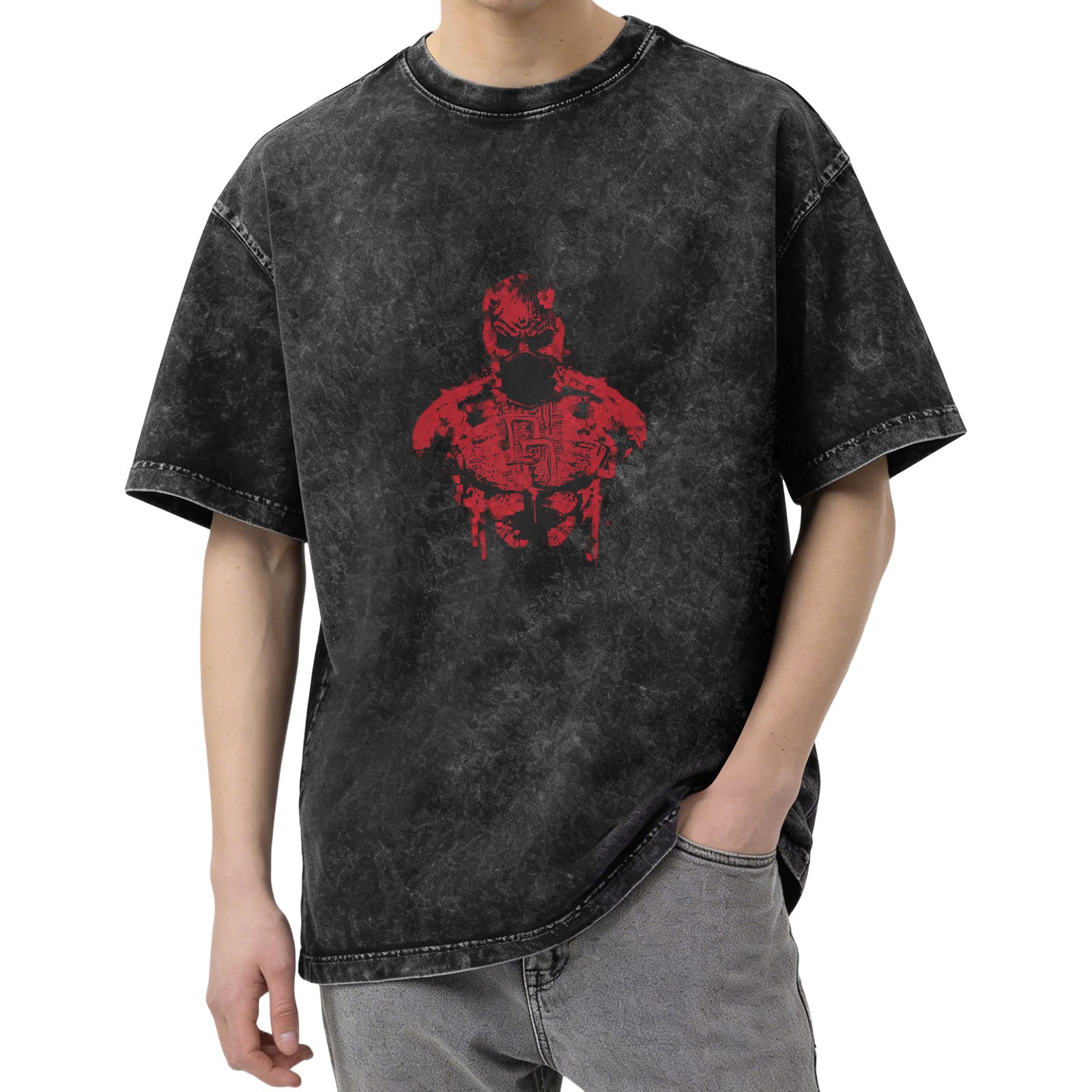 Washed Black T-Shirt With Red Superhero Graphic Print