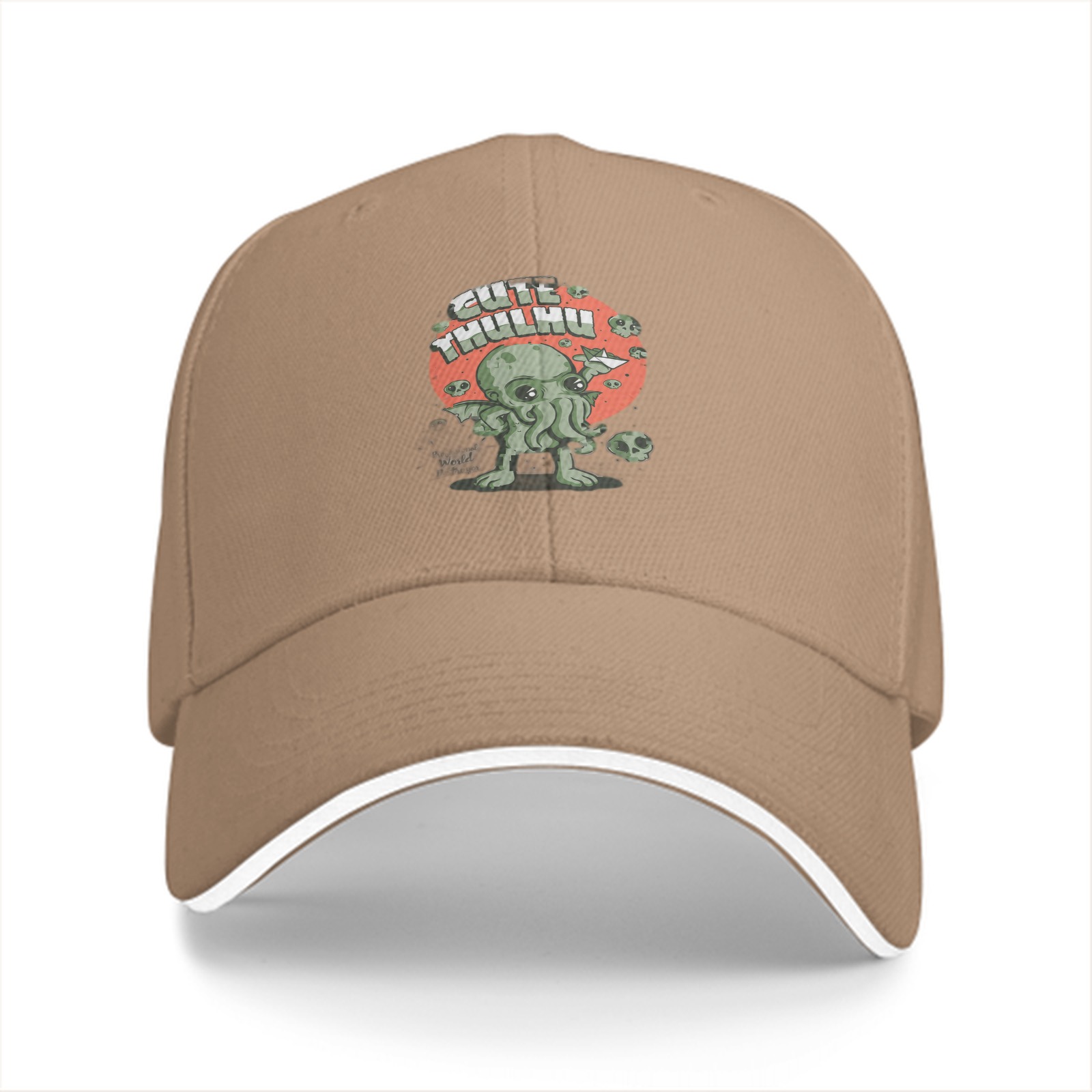 Black baseball cap with cute Cthulhu graphic and skulls