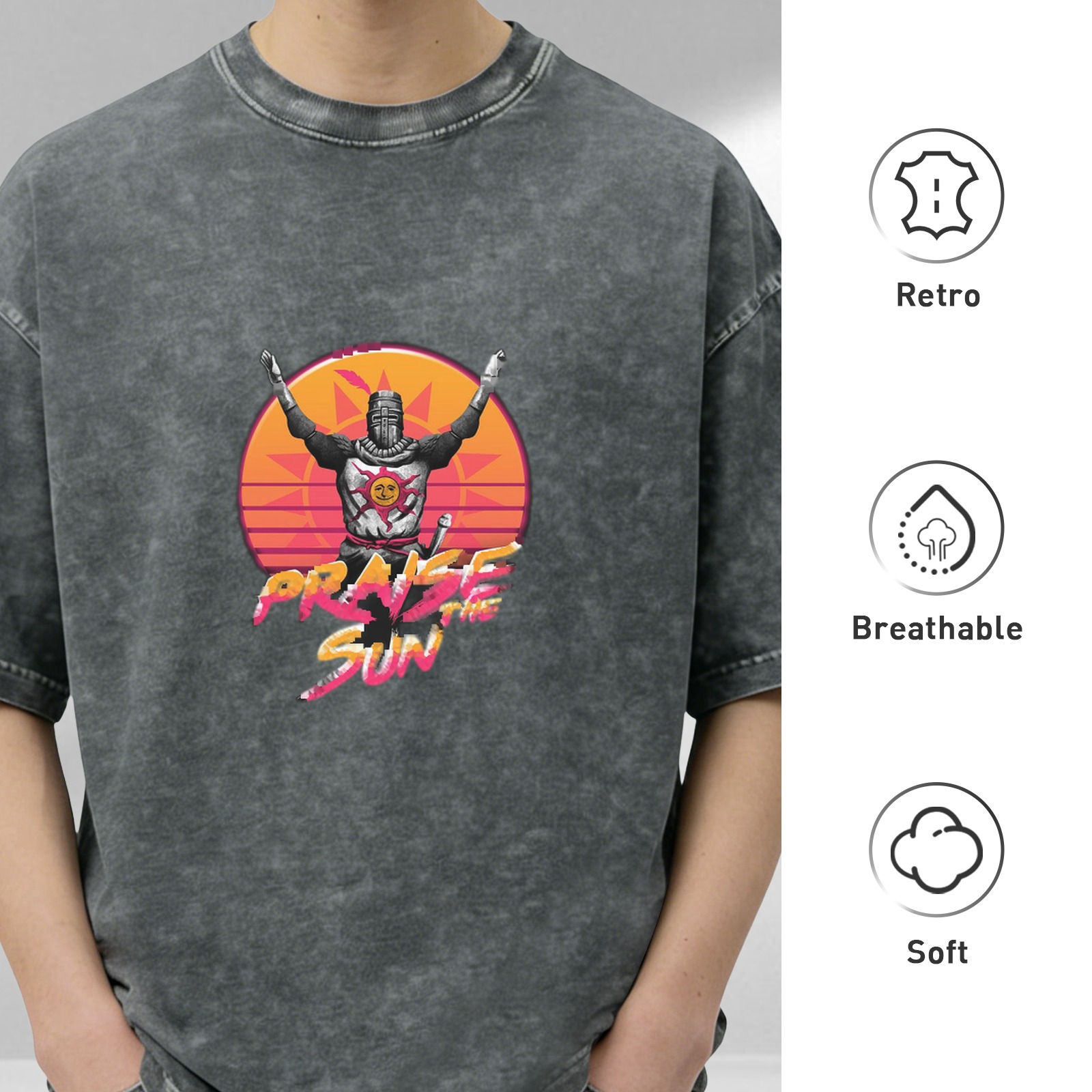 Dark Souls Praise The Sun Retro Graphic Acid Wash Oversized T-Shirt