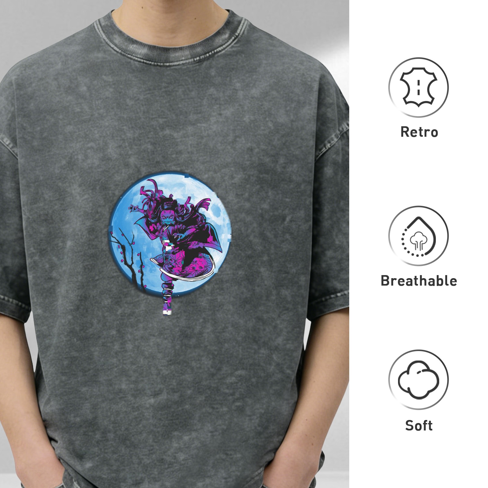 Washed Black Anime Graphic T-Shirt With Moon Character Design