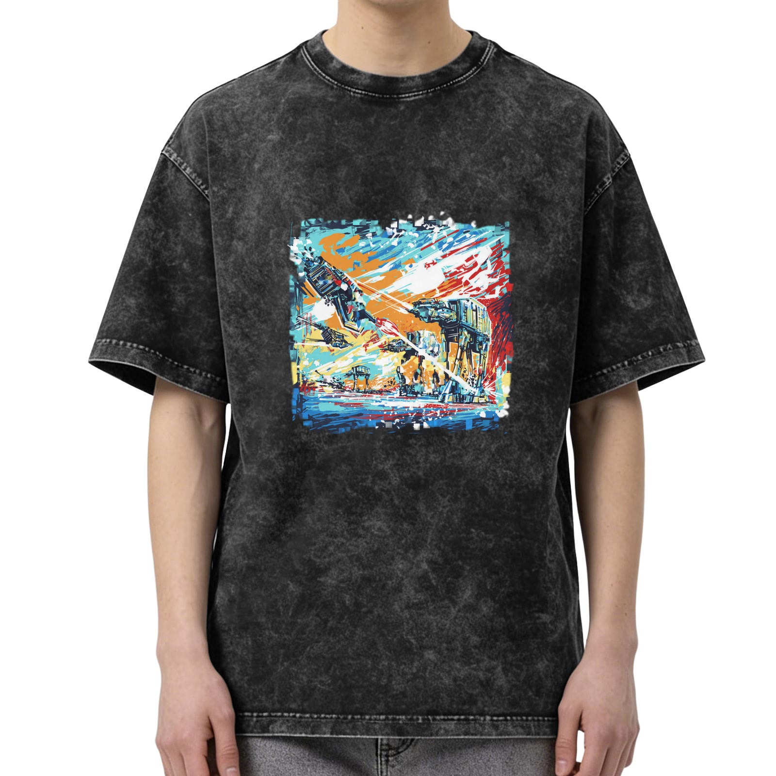 Washed Black Graphic T-Shirt with Sci-Fi Battle Art Print