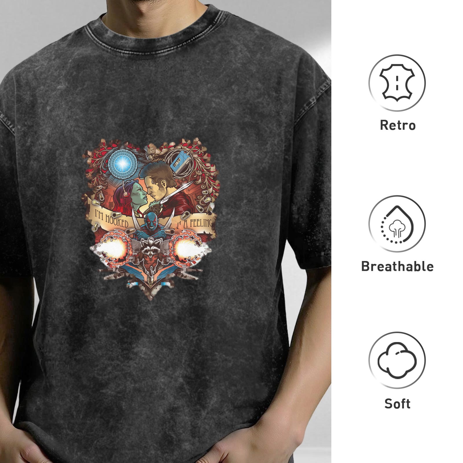 Washed Black T-Shirt with Guardians of the Galaxy Heart Graphic