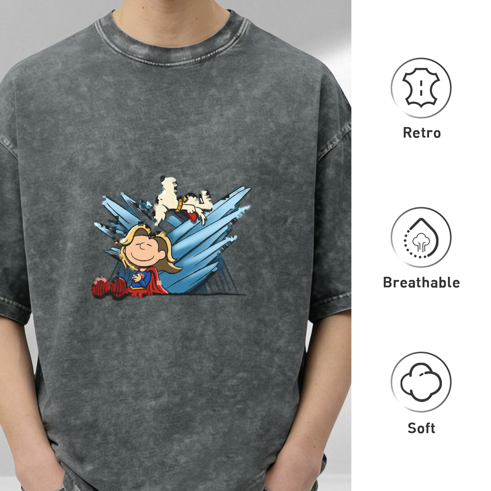 Washed black graphic t-shirt with Peanuts style superhero print