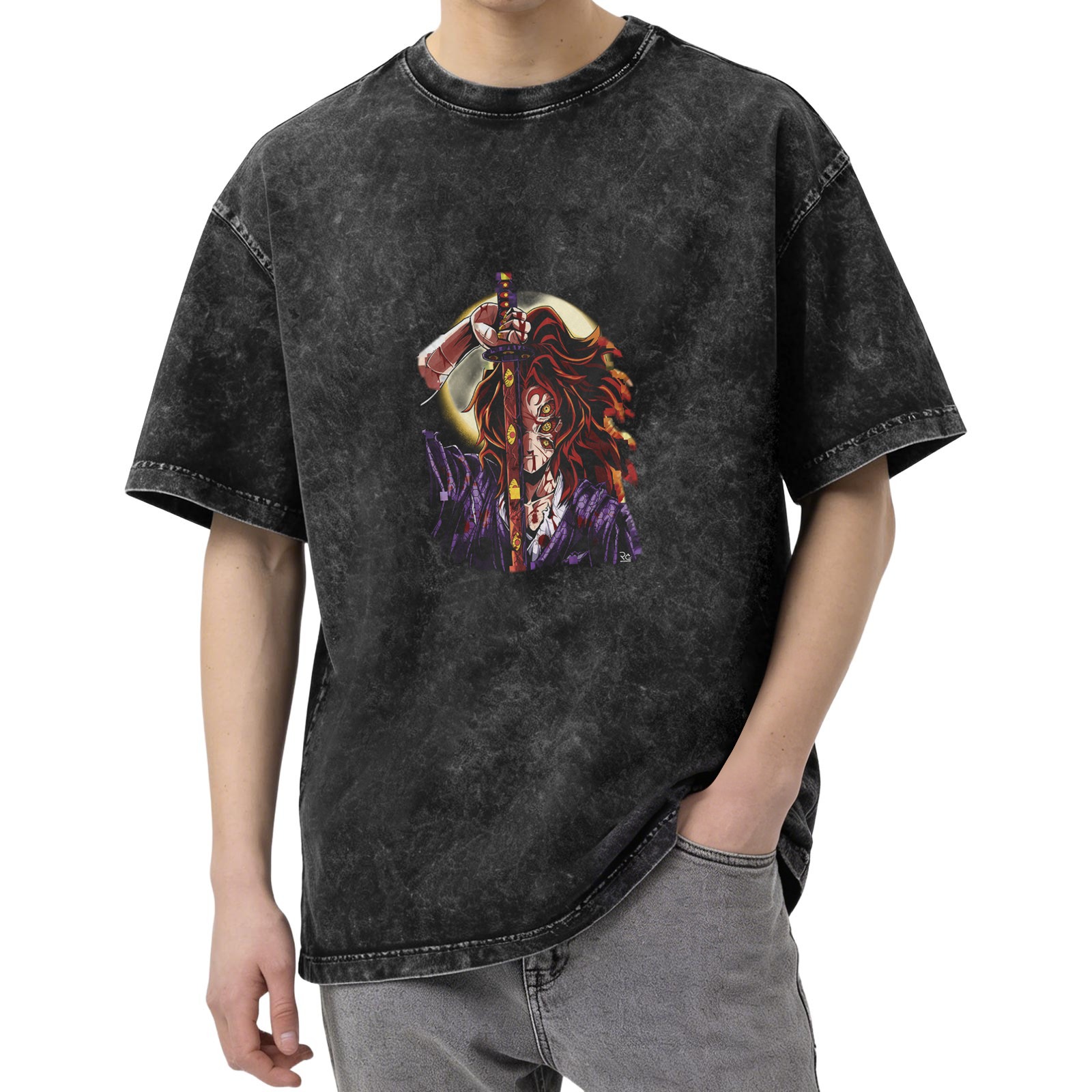 Anime Demon Slayer Character Graphic Stone Wash Oversized T-Shirt
