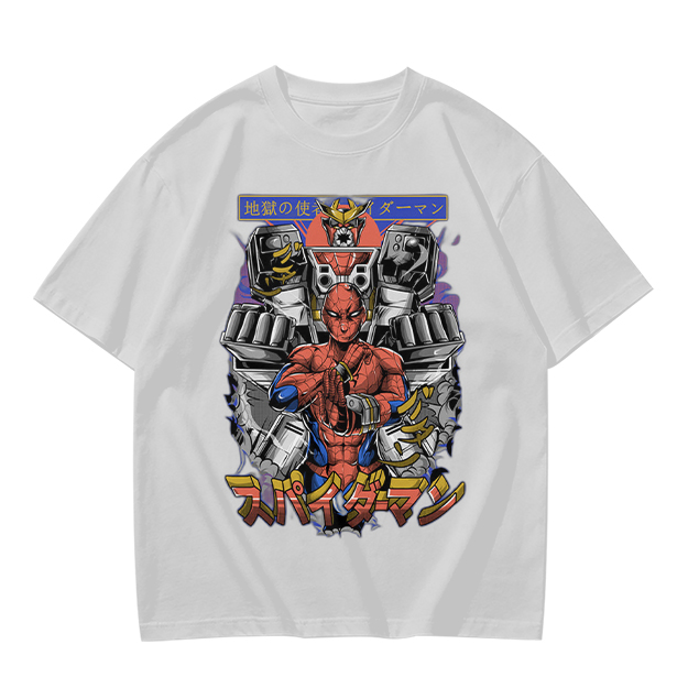Olive T-shirt with Japanese Spider-Man Mech Graphic Print