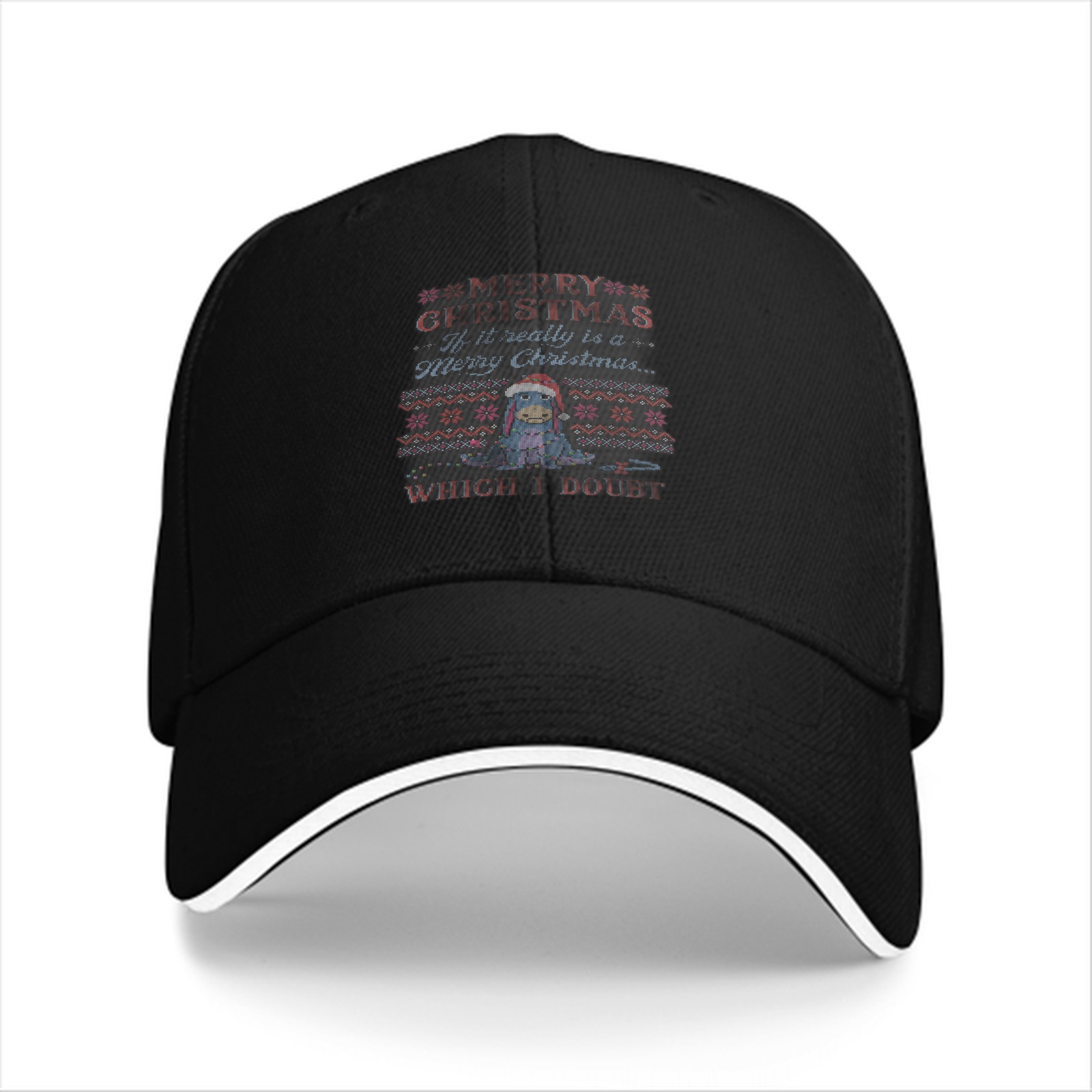 Black baseball cap with skeptical Eeyore Christmas print