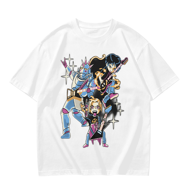 Olive T-shirt with Anime Rock Band Characters Graphic