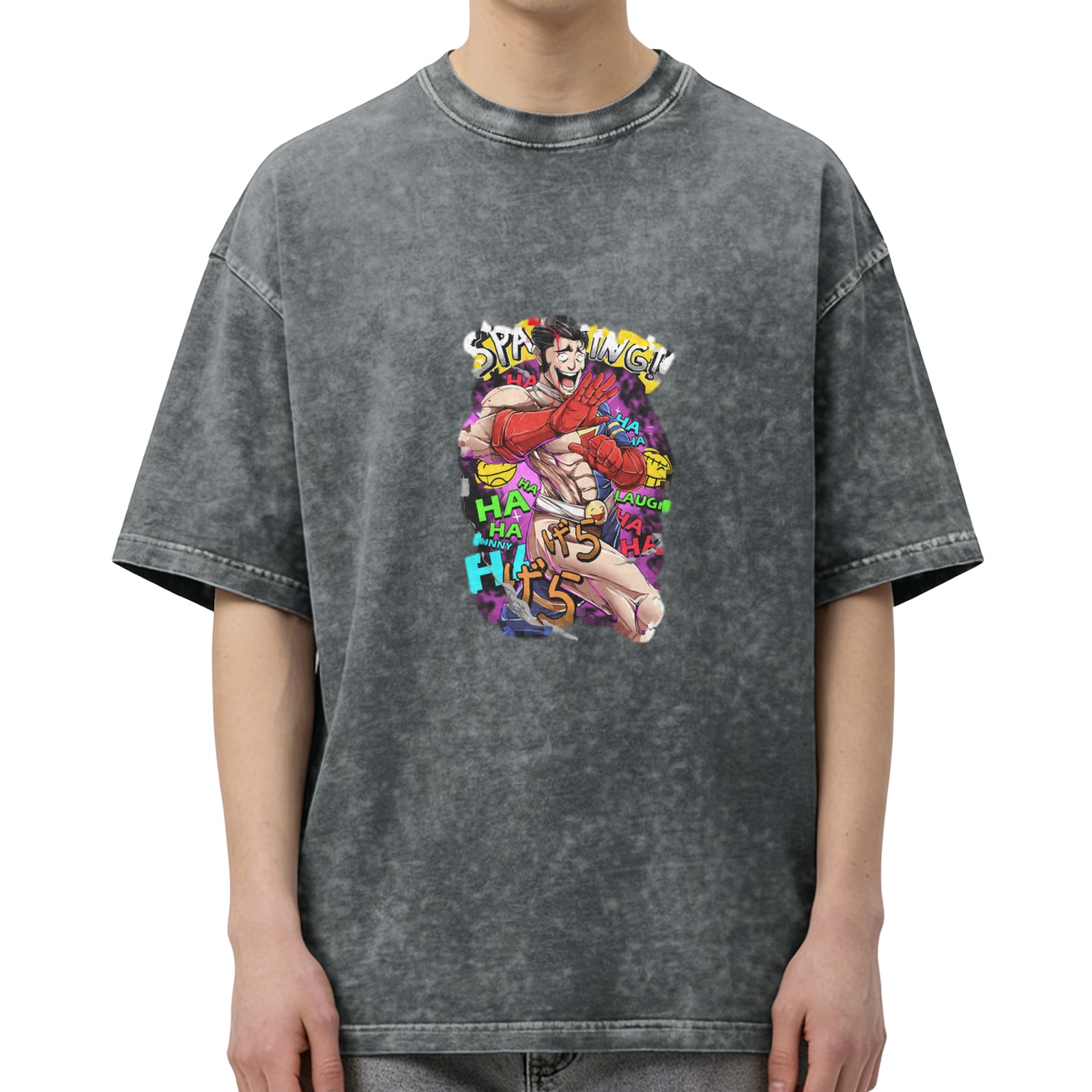 Oversized acid wash t-shirt with anime laughing fighter graphic