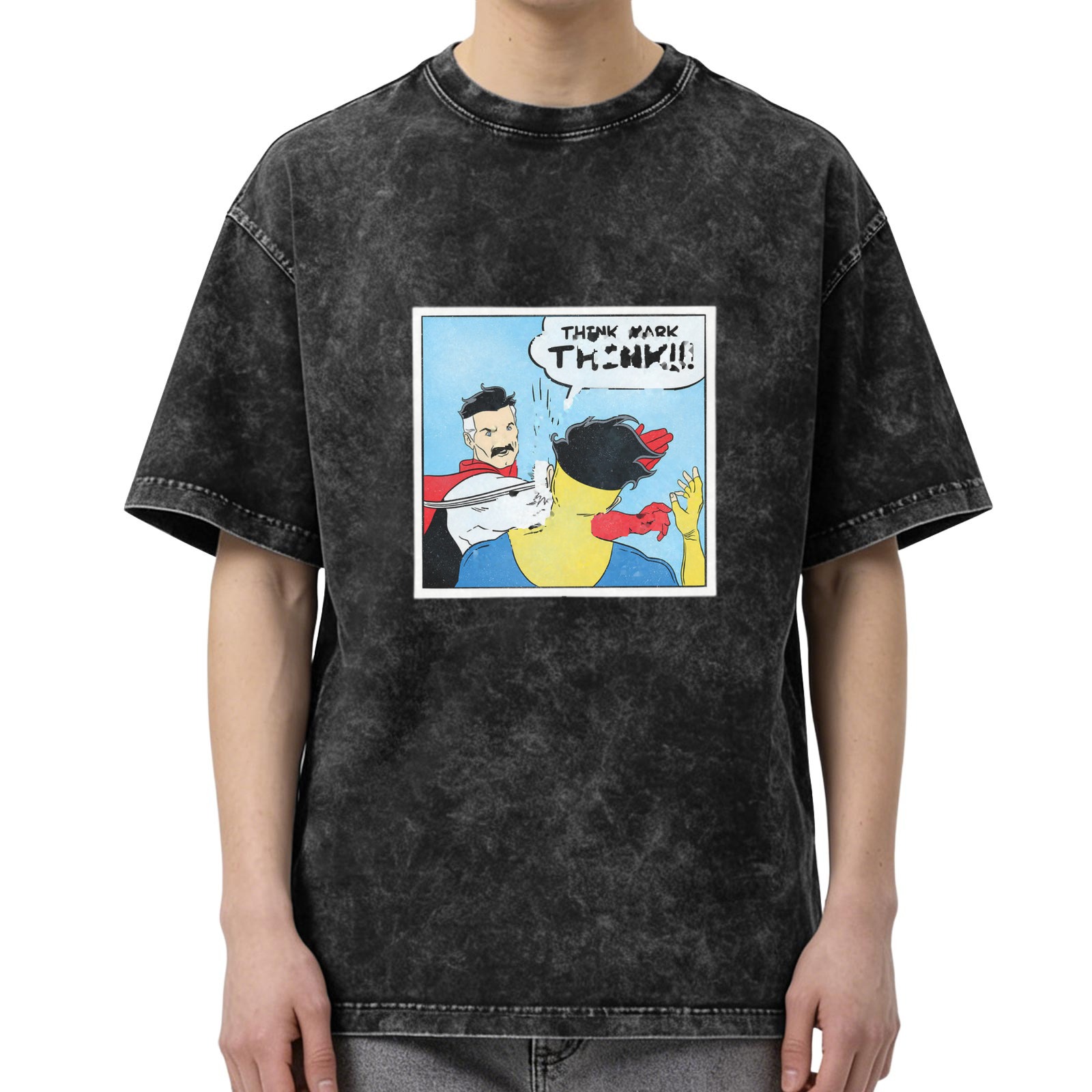 Oversized dark wash t-shirt with Invincible comic panel print