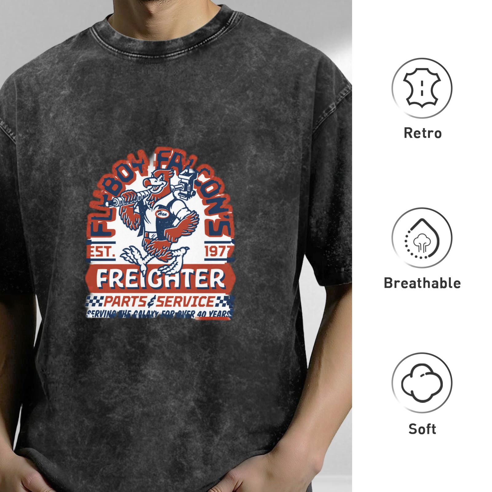 Washed Graphic T-Shirt with Falcon Freighter Parts Service Print